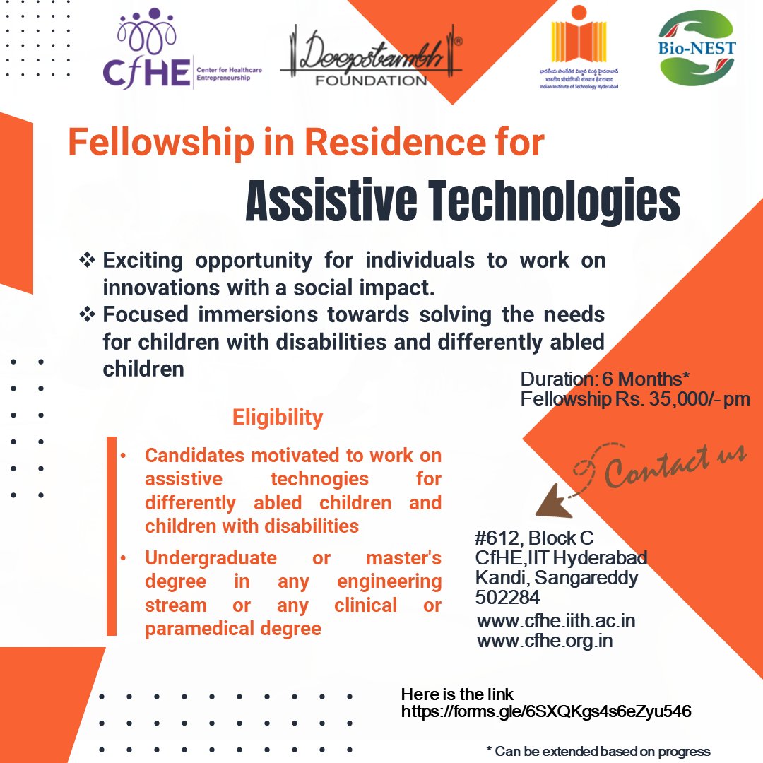 Call for Application.. Fellowship in Residence for Assistive Technologies.... Apply Now !!!! Here is the link.. forms.gle/6SXQKgs4s6eZyu… #assistivetechnology #fellowship #application