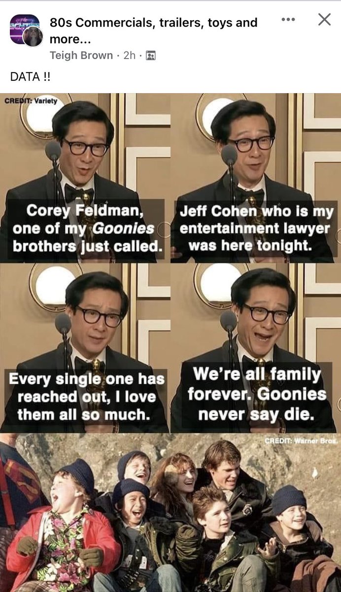 <a href="/Corey_Feldman/">Corey Feldman</a> <a href="/Jeff_B_Cohen/">Jeff B. Cohen</a> <a href="/heatherdawnmay/">🙏Heather Dawn May ™🙏🏻</a> <a href="/BigWillyStyl619/">Will Fredericks</a> This is awesome! He’s the best &amp; it’s an award well deserved…. And for him to remind the world that #GooniesNeverSayDie well is such a stellar brother move, gotta love him ❤️🙌🏻 It’s good enough for me 😉