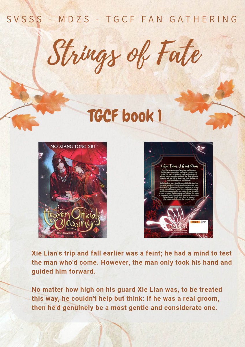 stringsoffateph's tweet photo. "By the Heaven Official's Blessing, no paths are bound!"
TGCF is a Chinese Novel written by MXTX in 2014. It is her latest work and has recently gotten an official English translation. Your chance to own a copy of the first book is coming.
#SOF2023 #stringsoffate https://t.co/Wh7AJfSFrd