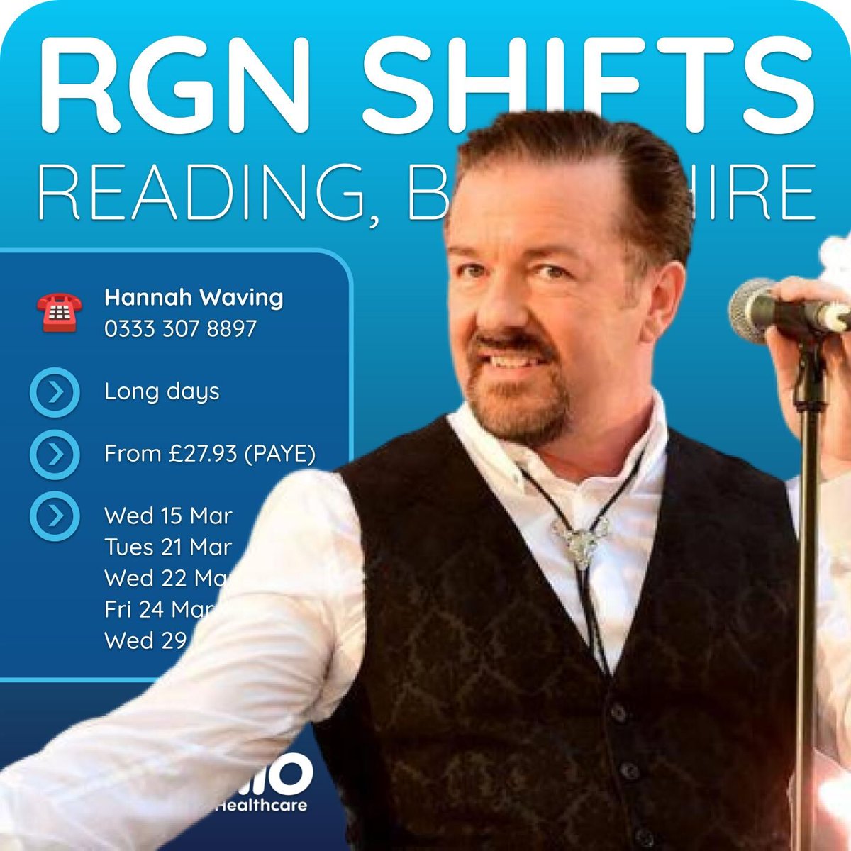 RGN SHIFTS IN READING, BERKSHIRE!

To book, call Hannah on 0333 307 9997

Pictured: Reading-born David Brent, lead singer of Foregone Conclusion and writer of hits Equality Street and Free Love Freeway!

#rgn #nursejobs #twitternurses #readingjobs #berkshirejobs