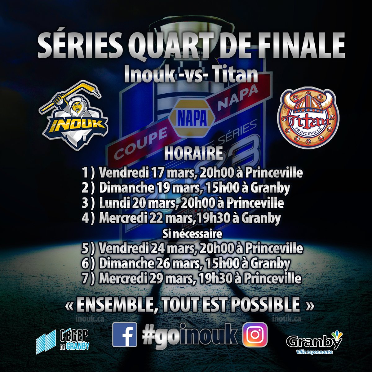 LesInouk's tweet image. HORAIRE DES MATCHS :
Voici l'horaire de la série quart de finale 2023 contre le Titan de Princeville. Bon hockey 🏒🥅

« Ensemble, tout est possible ! » #goinouk 

***
#granby #granbyqc #granbyquebec #villedegranby #lhjaaaq