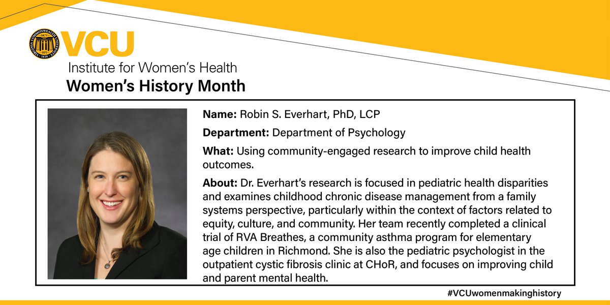 IWHVCU (@iwhvcu) on Twitter photo On day 13 of #WomensHistoryMonth2023 and #VCUwomenmakinghistory we highlight the work of
<a href="/DrRobinEverhart/">Robin Everhart</a> of <a href="/VCUPsychology/">VCU Psychology</a>, whose work focuses on improving child #health outcomes. Thank you for inspiring us, Dr. Everhart! On day 13 of #WomensHistoryMonth2023 and #VCUwomenmakinghistory we highlight the work of
<a href="/DrRobinEverhart/">Robin Everhart</a> of <a href="/VCUPsychology/">VCU Psychology</a>, whose work focuses on improving child #health outcomes. Thank you for inspiring us, Dr. Everhart!