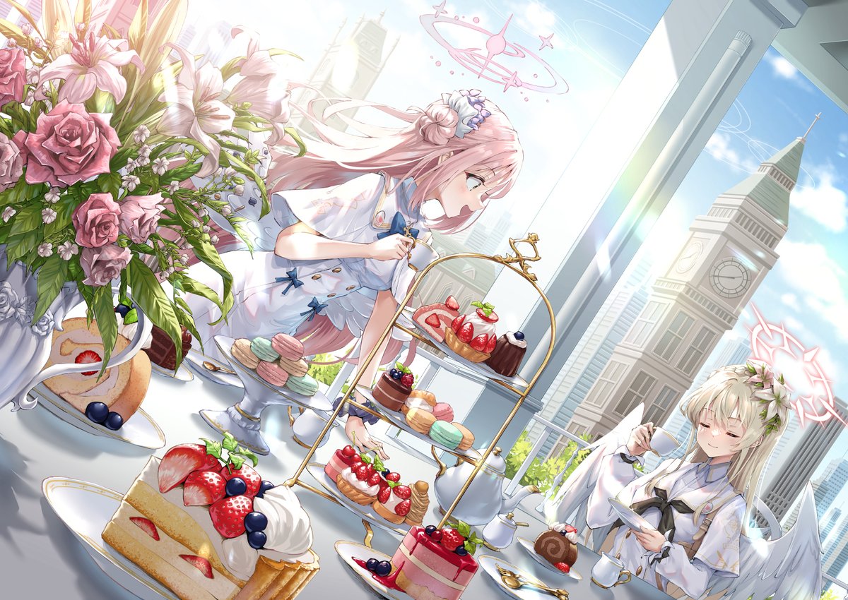 mika (blue archive) cake multiple girls teacup food 2girls flower tiered tray  illustration images