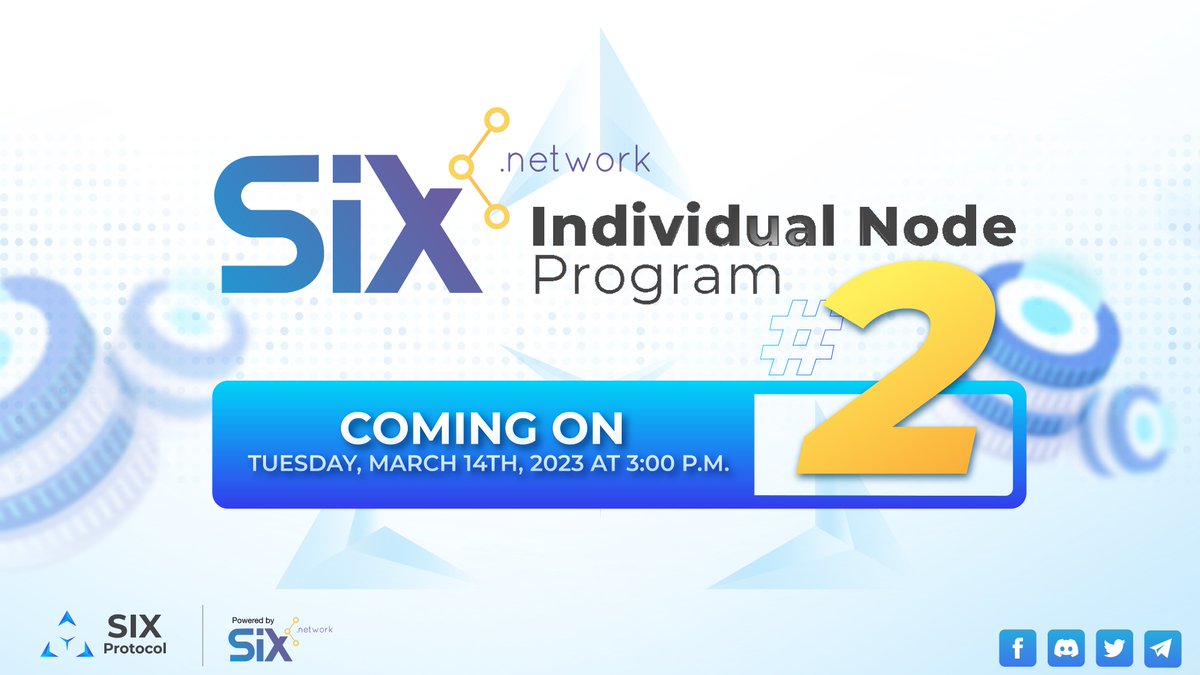 theSIXnetwork's tweet photo. SIX Network is preparing to launch the second round of the SIX Individual Node Program on Tuesday, March 14, 2023, at 3:00 PM on the SIX Protocol website.
.
If you missed the first round, don't worry. We open a new round of 100 more nodes. 
.
Read more: https://t.co/YmU3H250Cf https://t.co/zpd1CEgacl