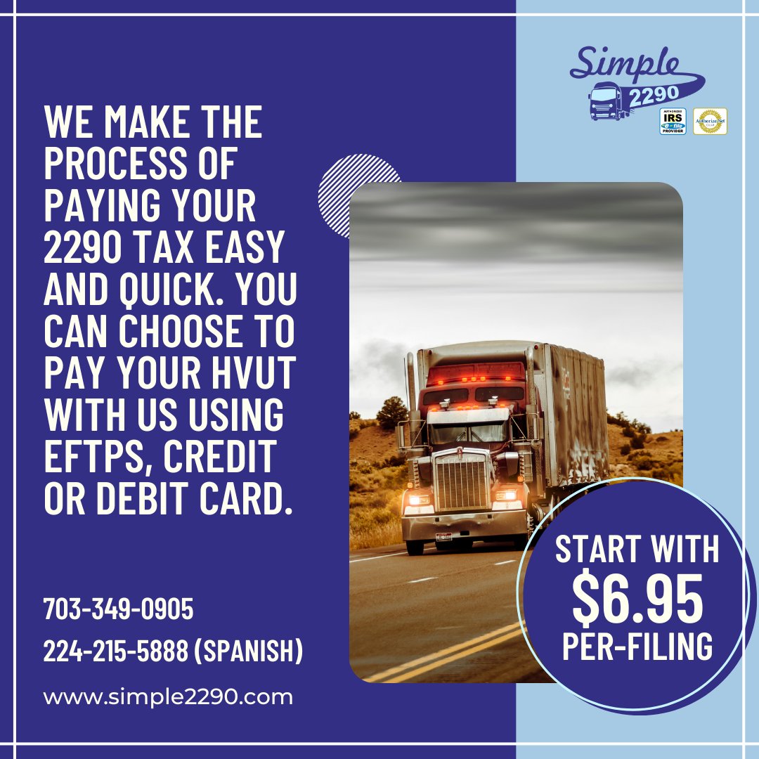 simple2290's tweet photo. We make the process of paying your 2290 tax easy and quick. You can choose to pay your HVUT with us using EFTPS, credit or debit card.
#teamtintos #business #overtheroad #tax #intrastate #womenbusiness #truckingsolutions #truckers #insuranceagent #smallbusiness #truckingindustry https://t.co/yUTE2q4fbY