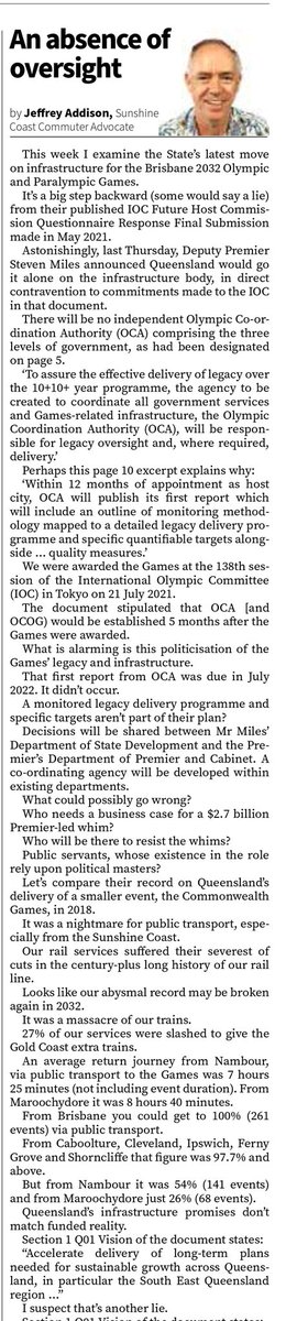 Jeffrey_Addison's tweet photo. My latest OpEd Wed 15 Mar 2023
#SunshineValleyGazette, Columns p22
The absence of oversight
#qldpol #transport #infrastructure #SunshineCoast #publictransport #rail
#B2N #2032Olympics #fastrail #2tracks https://t.co/MqY3VtrxXo