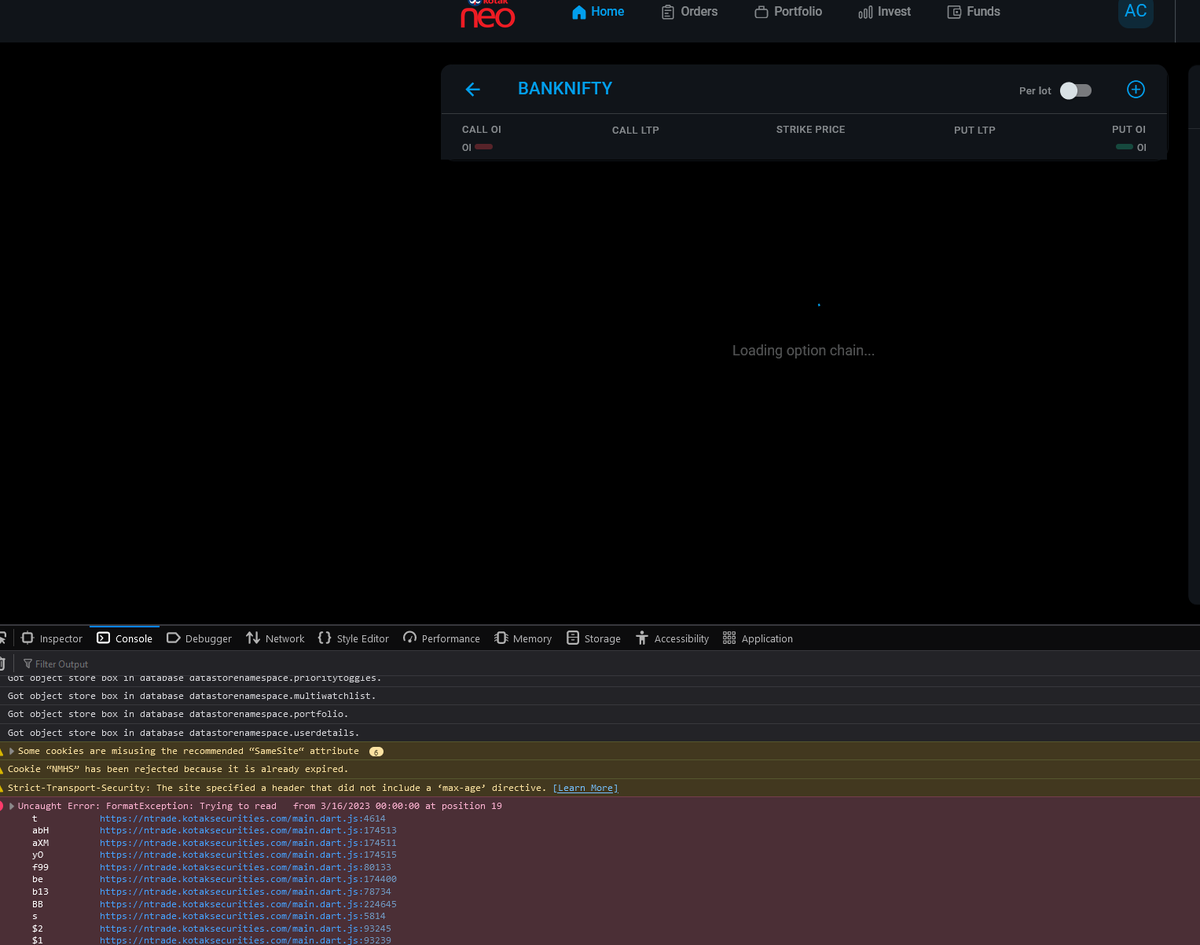 PbuhKePapa's tweet photo. @kotakneo Neo desktop Banknifty option chain not loading. Nifty is loading. Fix it. https://t.co/AuxjVeFEc9