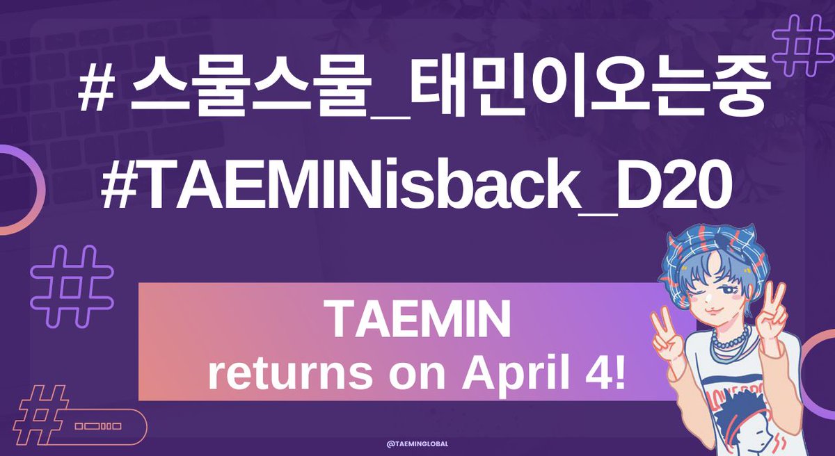 TaeminGlobal's tweet photo. [💜Taemin Homecoming]

🎉TAEMIN returns in 20 days!! Let's trend our celebration #️⃣

🦄REPLY w/ the NAMES of different animals🐯, each in a separate tweet 🐥🦌🦊🦖🐰🐱🐼🐨🐞🐳🦢🐲

🐬INCLUDE: 
#스물스물_태민이오는중
Taemin is back in D-20
#TAEMINisback_D20

🎯 200 replies; 20 RT https://t.co/pP7GFKoMcp