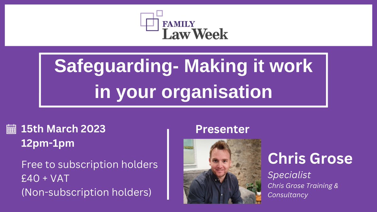 Last Chance! We will be hosting our next training webinar tomorrow 'Safeguarding- Making it work in your organisation' with <a href="/Chris_Grose/">Chris Grose</a>.  Visit our website here to book your place: bit.ly/3IvD1YL #Safeguarding #FamilyLaw #Webinar #LawTraining #Family