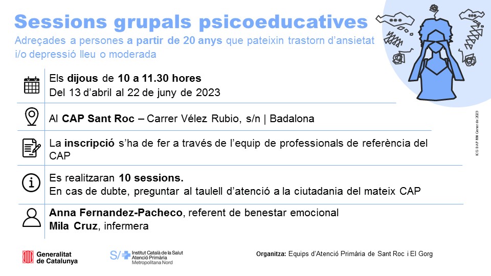 📌 Sessions per a persones usuàries dels equips de #SantRoc i #ElGorg #Badalona amb trastorn d'ansietat o depressió lleu o moderada

🗓️ els dijous
🕤 10 a 11:30h
📍 al #CAPSantRoc <a href="/AjBadalona/">Ajuntament de Badalona</a>

✏️ Per participar-hi contacta amb el teu professional de la salut

⚠️ Inici 13 d'abril