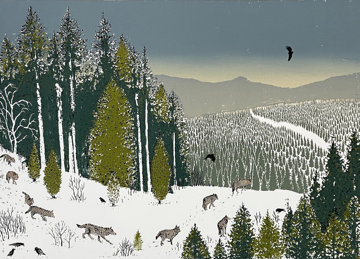 'Running Wild' silkscreen print #wolves #crows  #winter #silkscreen #print #artoftheday #artlovers #artcollector #contemporaryart #contemporaryprint #artdaily #artonline #artforyourhome #artforsalebyartist #artforinteriors #fineart  #BigArtBoost #draw2live #Draw365 #ArtsDay
