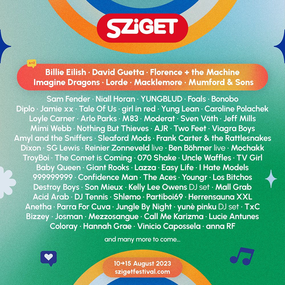 Sziget Festival (@szigetofficial) on Twitter photo Hello SZIGET 2023 line-up 🎡 Welcome on board our newcomers, the amazing <a href="/lorde/">Lorde</a> <a href="/macklemore/">Macklemore</a> <a href="/MumfordAndSons/">Mumford & Sons</a> <a href="/girlinred/">Susan R-B</a> @taleofus and a bunch of more acts. Grab your 6-day, 3-day pass or daily tickets on szigetfestival.com/tickets/ 🏝
#szigetfestival #SZIGET2023 Hello SZIGET 2023 line-up 🎡 Welcome on board our newcomers, the amazing <a href="/lorde/">Lorde</a> <a href="/macklemore/">Macklemore</a> <a href="/MumfordAndSons/">Mumford & Sons</a> <a href="/girlinred/">Susan R-B</a> @taleofus and a bunch of more acts. Grab your 6-day, 3-day pass or daily tickets on szigetfestival.com/tickets/ 🏝
#szigetfestival #SZIGET2023