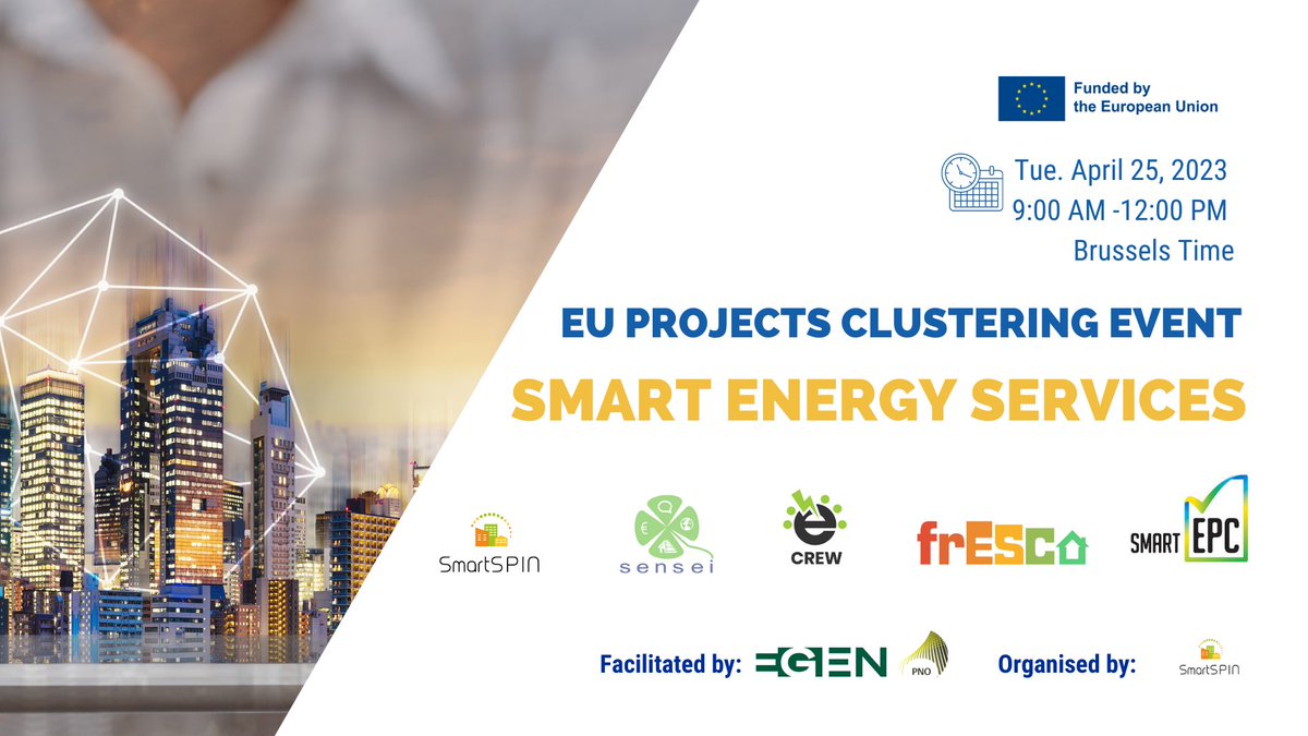 SmartSPIN_'s tweet photo. 📢 The first #SmartSPIN Clustering event is taking place on 2️⃣5️⃣ April❗️
During this online workshop 5️⃣ projects will share common ideas, best practices and knowledge to accelerate the current "𝐒𝐦𝐚𝐫𝐭 𝐄𝐧𝐞𝐫𝐠𝐲 𝐒𝐞𝐫𝐯𝐢𝐜𝐞𝐬". ⚡️💹
Register➡️https://t.co/fitWhACQXU https://t.co/92UasFNdHj