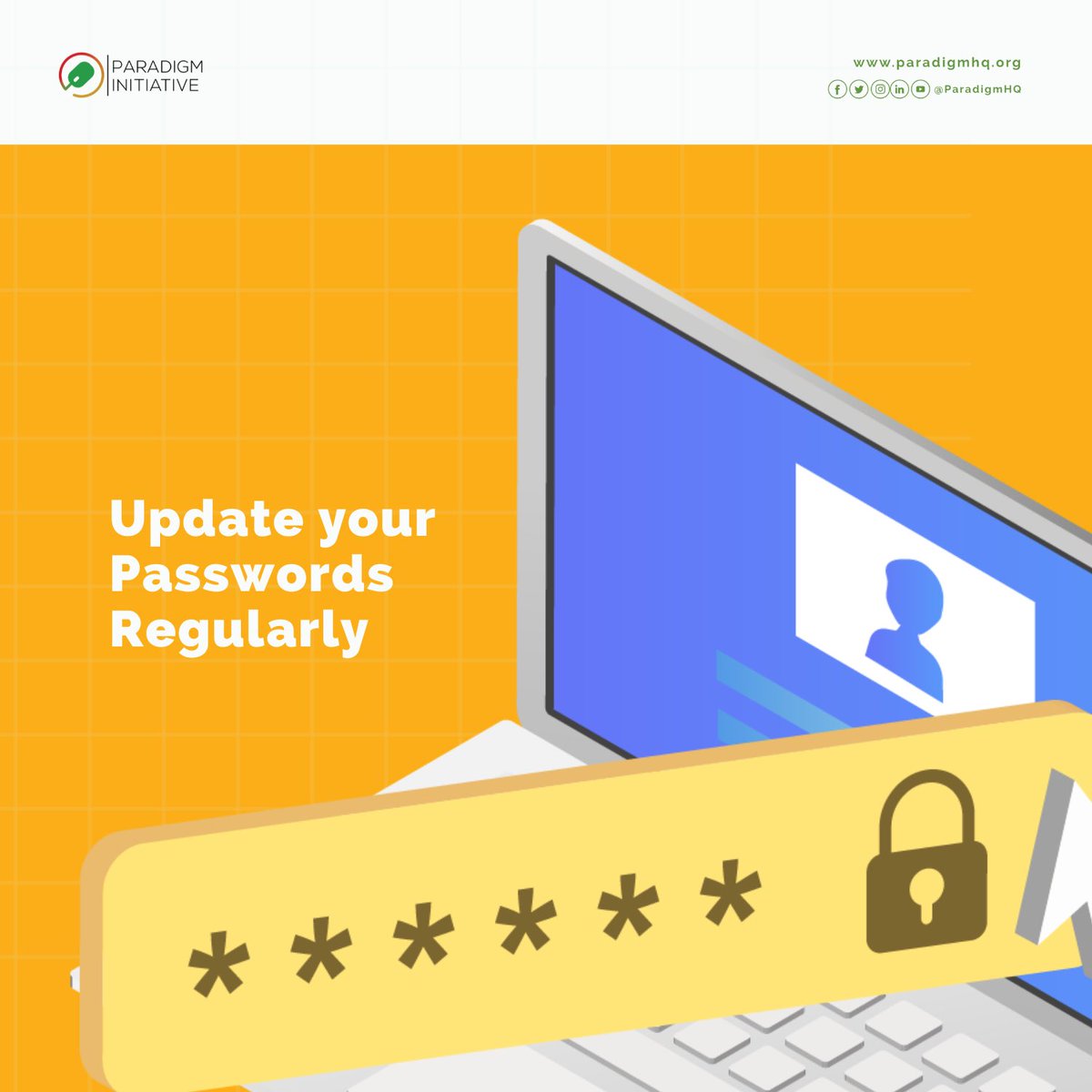 ParadigmHQ's tweet photo. To keep your private data private, update it regularly.
Please donβt share your passwords with any third party; ensure it contains several special symbols.
Follow us for more tips ππ
#BeSafe #ParadigmInitiative #PIN #PINTips https://t.co/TbfCq2pJGp