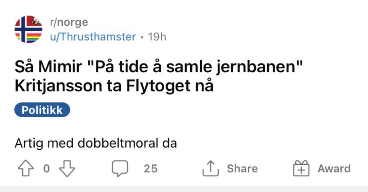 Den klassiske tankefeilen at om man vil endre noe politisk, så man leve ut endringen i privatlivet sitt i påvente av gjennomslag. 

PS! Hvorfor var jeg på Gardermoen i utgangspunktet, jeg som mener hovedflyplassen burde ligge på Hurum og dessuten at flytrafikken skal ned?