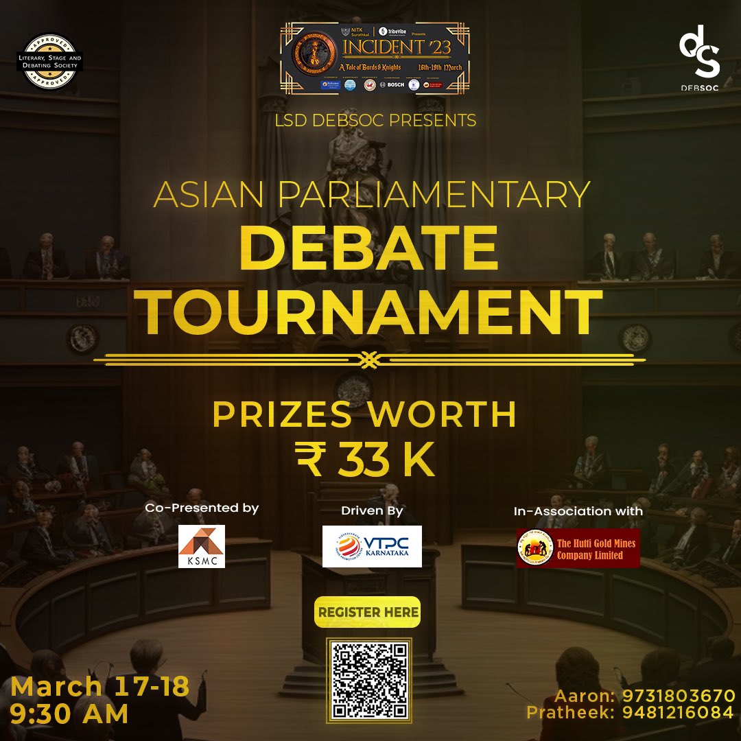 incident_nitk's tweet photo. Huge prizes up for grabs at the first ever Asian Parliamentary Debate tournament!!!

Gear up for 2 days of intense debating by some of the best orators around. 

Register now for the Asian Parliamentary Debate by clicking the link in bio.

#parliament #debate #nitk #nitksurathkal https://t.co/zWL6VEx8MQ