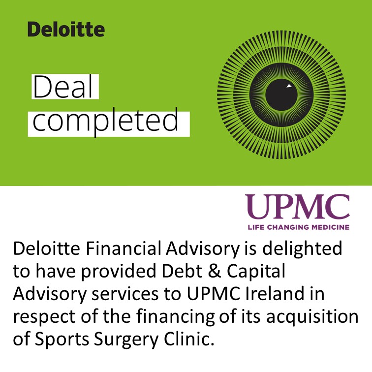 DeloitteIreland's tweet photo. Deloitte Financial Advisory is delighted to have provided Debt &amp; Capital Advisory services to UPMC Ireland in respect of the financing of its acquisition of Sports Surgery Clinic. We wish them continued success into the future. 

#DebtAdvisory #FinancialAdvisory #DeloitteFAS https://t.co/SKzYwe13zZ