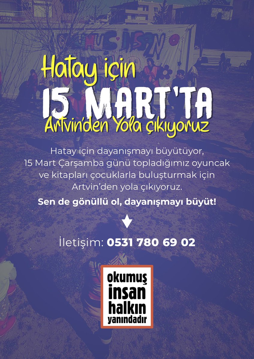 📍Artvin

Dört bir yandan topladığımız kitaplarla, oyuncaklarla, boyalarla çocuklar için bir umut ışığı yakıyoruz. Artvin'den Hatay'a yola çıkıyoruz.

Senin de yapabileceğin bir şeyler var.

Gönüllü formu👇
docs.google.com/forms/d/e/1FAI…

#OkumuşİnsanHalkınYanındadır 
#deprem