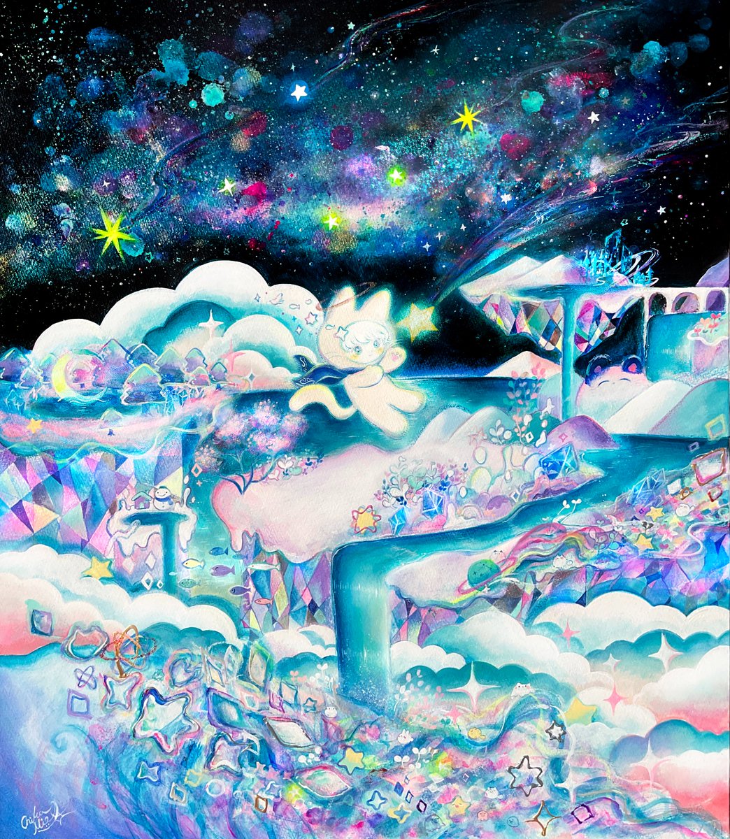 「アクリル絵の具でキャンバスに描かれたまだ見ぬ世界へ…#三億アカウントの中から私を」|ちくわミエル 𝘤𝘩𝘪𝘬𝘶𝘸𝘢𝘮𝘪𝘦𝘭のイラスト