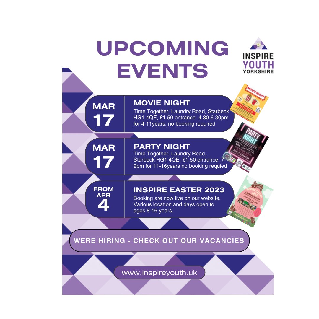 inspireyouth19's tweet photo. We have extra events coming us this week thanks to our Inspire Change group and our Easter activities (visit our website for more information and to book)😁

We look forward to meeting lots of new faces this Friday at Time Together🎉💜

#inspireyouth #youthwork  @NorthYorksSport https://t.co/4r5WX4e5qu