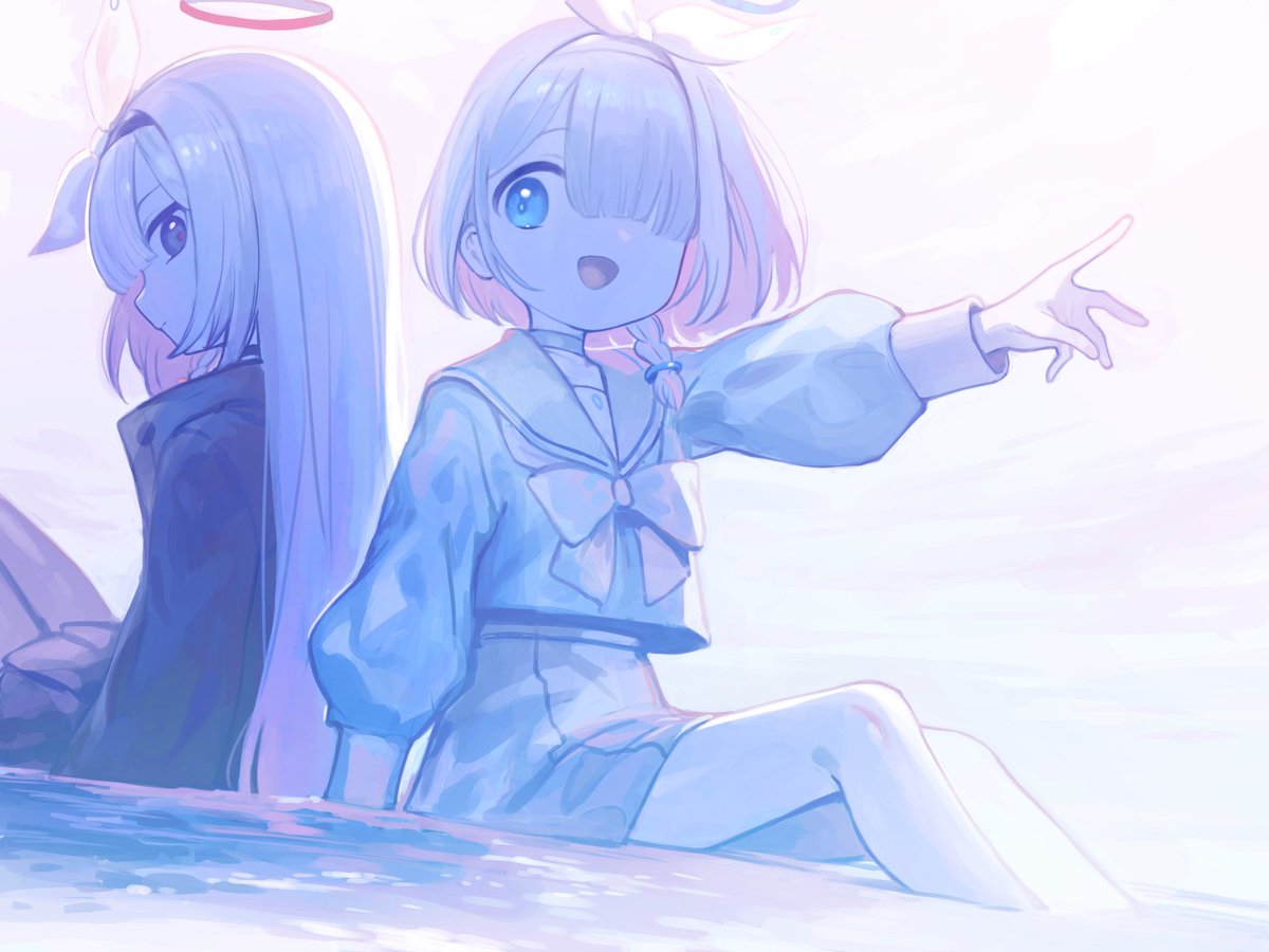 arona (blue archive) multiple girls 2girls hair over one eye halo skirt sailor collar long hair  illustration images