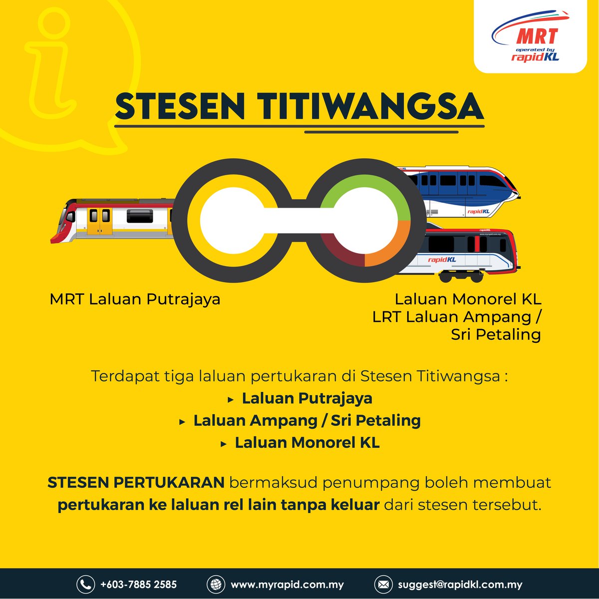 myrapidkl's tweet photo. ℹ️Tahukah anda, MRT Laluan Putrajaya 🚈 mempunyai 5️⃣ stesen pertukaran 🔀 di sepanjang laluannya?

#JomNaikMRT #PYLine #RapidKL #KamiBawaAnda https://t.co/Owdvs0hoDf