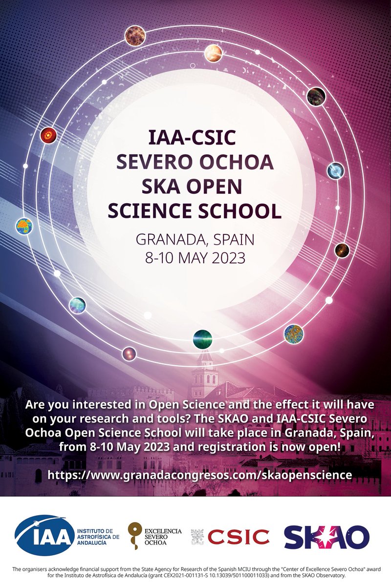 iaa_csic's tweet photo. La primera escuela de #CienciaAbierta  del programa de formación del Proyecto Severo Ochoa del @iaa_csic coorganizada junto con @SKAO se celebrará del 8 al 10 de mayo. 
Preregistro abierto hasta el 31 de marzo.
https://t.co/JsPLGXA4PF
@SOMM_alliance @CSIC @CSICdivulga https://t.co/x7w61p2Svz