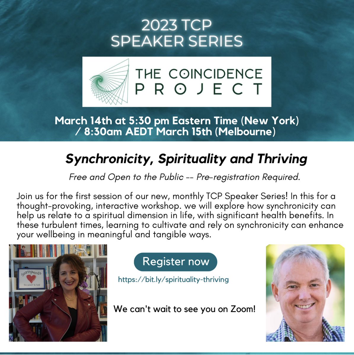 ChrisMackey66's tweet photo. Looking forward to co-presenting a seminar on synchronicity, 8:30am tomorrow morning 
Melbourne time, with Lisa Buksbaum from New York. https://t.co/VJVC3umcnY