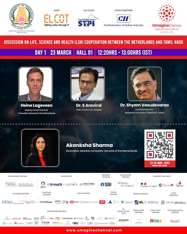umaginechennai's tweet photo. Join us at #Umagine for a panel discussion on Life, Science, and Health (LSH) and Cooperation between the Netherlands and TN
Moderator
@AkankshaSh3
Speaker
Heine Lageveen
Dr S Aravind
@health4allSHYAM
https://t.co/A5xft5yF1k
@Manothangaraj @ELCOT_TN @stpiindia @FollowCII https://t.co/erUqd8GEeB