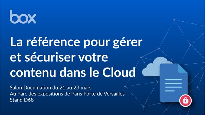 RT @pierrepinna: Venez découvrir les solutions @Box,
la plateforme de référence pour sécuriser et gérer l’ensemble du cycle de vie de votre contenu dans le #Cloud au salon @Documation2023 !

#BoxLeContentCloud
🗓️Du 21 au 23 Mars

En #Digital 
👇 …