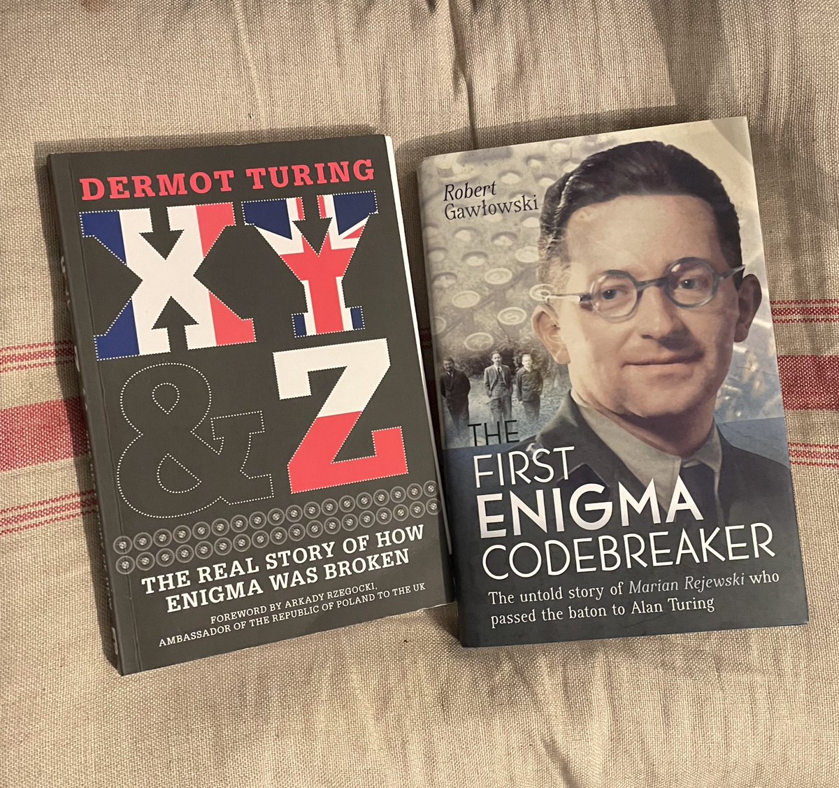 claremulley's tweet photo. Delighted that the history of the Polish pioneers who broke the German enigma is being told. @robgawlowski’s #TheFirstEnigmaCodebreaker, a #HotOffThePress biography of #MarianRejewski, looks excellent, & #XYandZ by #DermotTuring, Alan’s nephew, also well worth a read! https://t.co/vccIUgTwqW