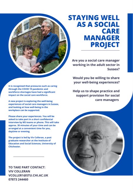 Are you a social care manager working in Sussex? New project exploring how we support your well-being, contact me to hear more and get involved vcoller1@stu.chi.ac.uk