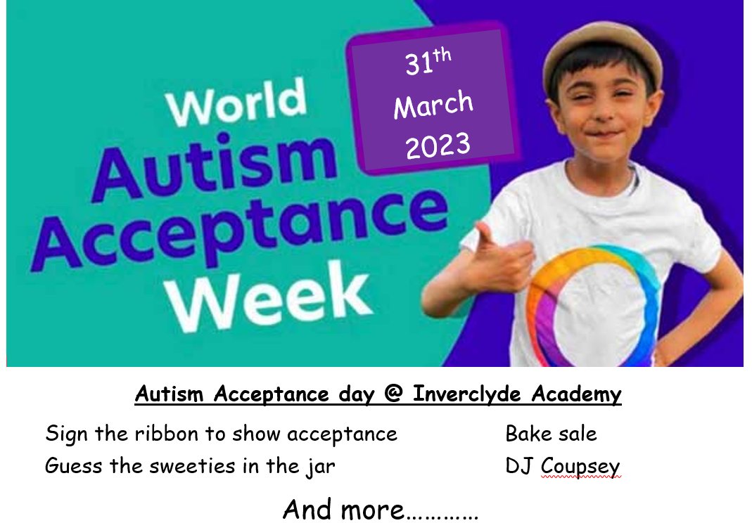 We are so looking forward to our first Autism Acceptance Day event on 31st March! #asd #autisminclusion #weareinverclydeacademy @invacad #purpleribbon