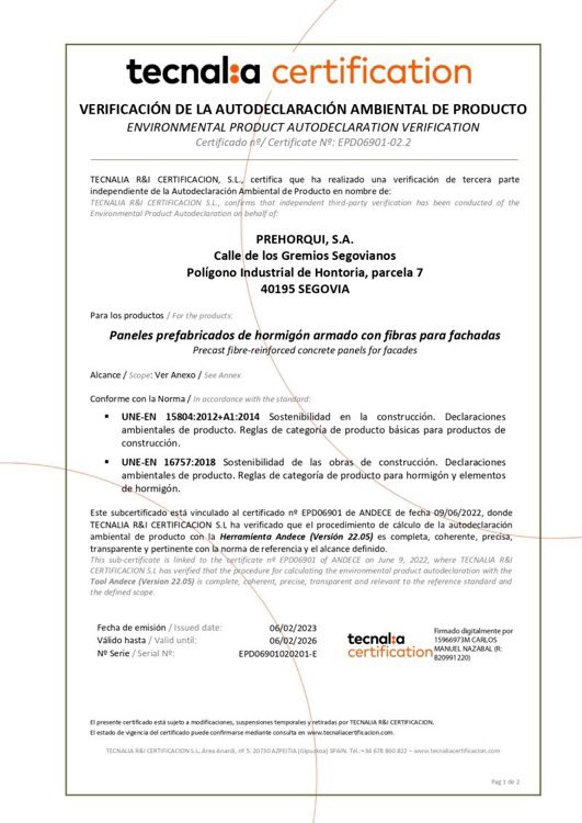 PREHORQUISA ya dispone de ADAP (Autodeclaración Ambiental de Producto), verificado por TECNALIA, para hormigón armado y de GRC

Dentro de nuestra estrategia de mejora continua de la sostenibilidad y reducción de huella de carbono completamos este importante hito
