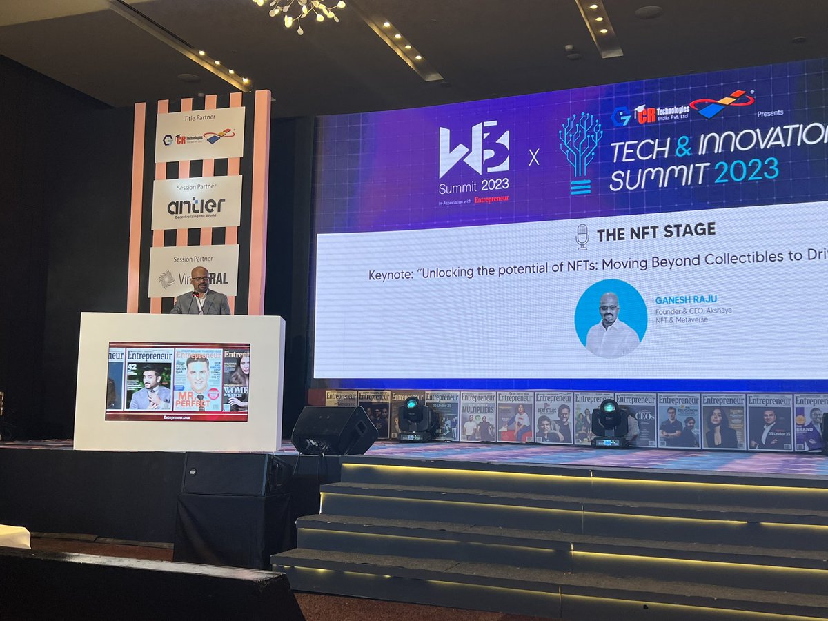 akshayaNFT's tweet photo. Our founder, Mr. Ganesh Raju on the NFT stage discussing Phygital NFT at @w3summit_co with @entrepreneurind
Unlocking the potential of NFTs: Moving beyond collectibles to drive real world use cases.
@_GaneshRaju @
#nft #nftandmetaverse #akshayanft #metaverse #phygitalnft #phygitals #DigitalTwins #Entrepreneurind