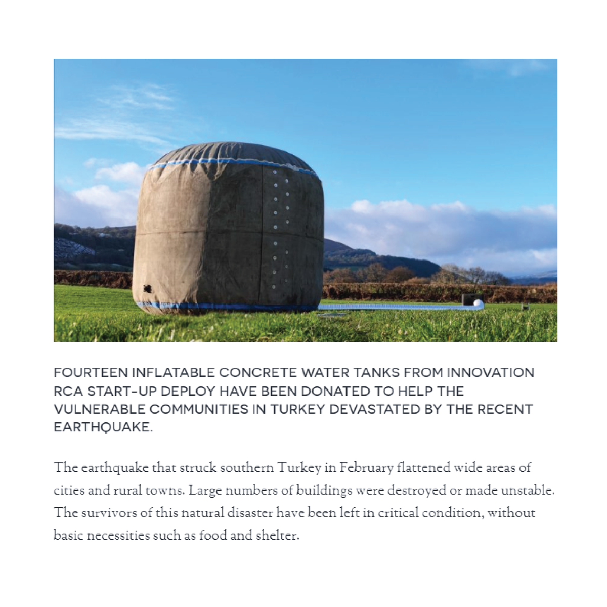 DeployWater's tweet photo. Following our recent humanitarian project assisting Turkish civilians with the installation of our donated and crowdfunded DEPLOY Rapid Water Tank Bundles, we are honoured to be featured by @SublimeMagazine
#turkey #turkiye #earthquake #innovation #sublimemagazine #waterstorage https://t.co/UFLJManaVU