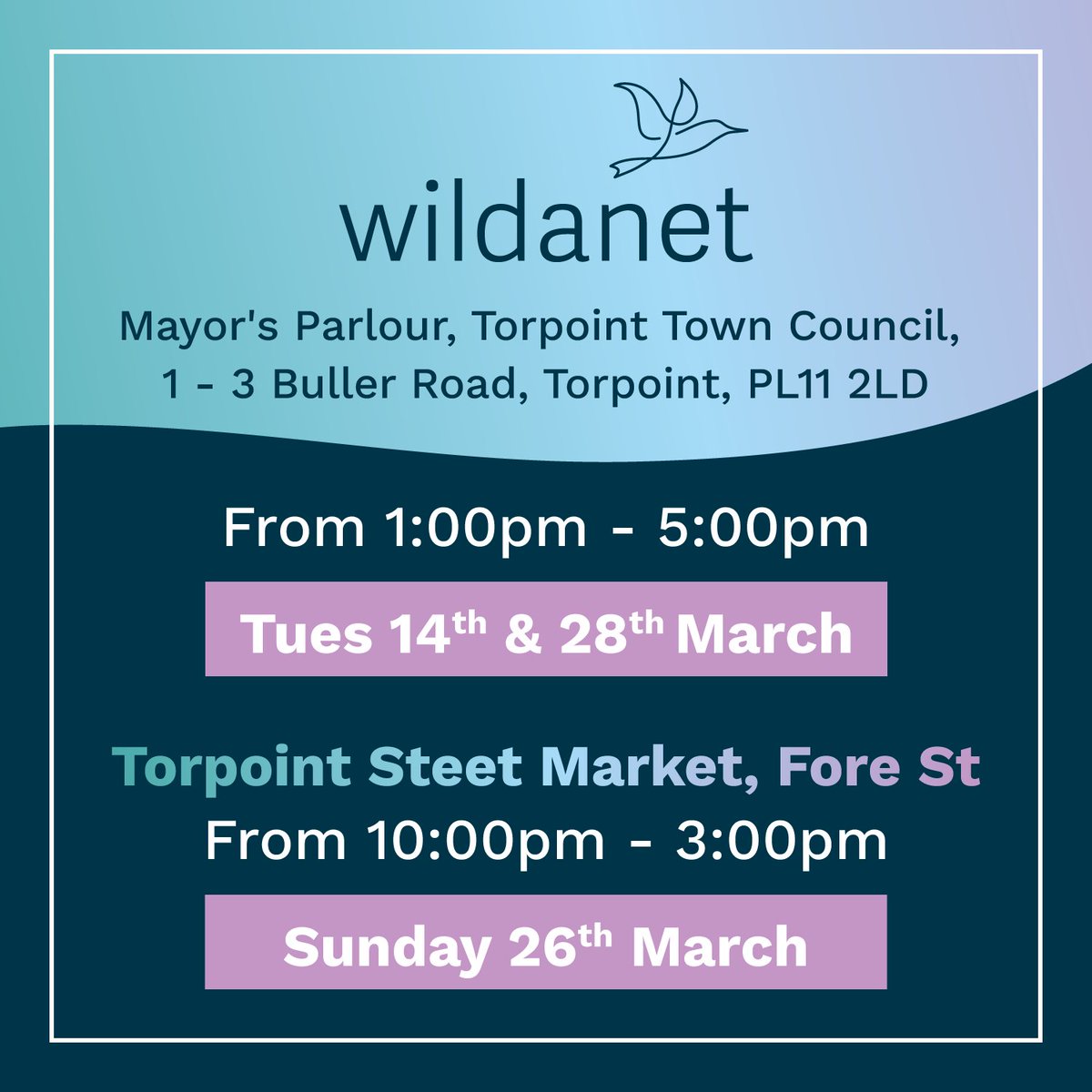 This month the Wildanet team will be back in Torpoint on Tuesday 14th, and Tuesday 28th March for drop-in sessions at the Mayor's Parlour from 1pm - 5pm. You can chat with our expert team about Wildanet's high-speed, full-fibre broadband and how it could benefit you.