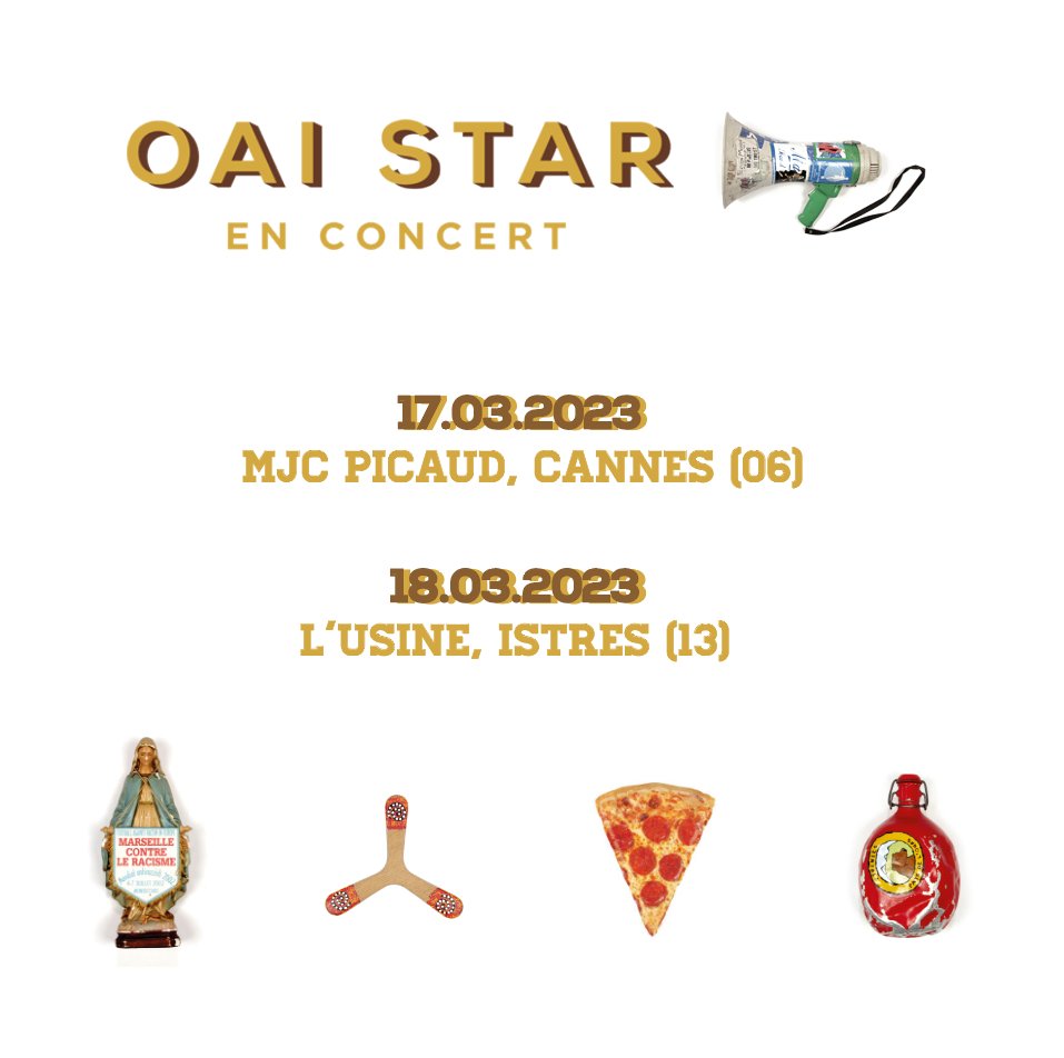 oai_star's tweet photo. Rendez-vous pour un week-end rock'n roll 🤘🏼
Vendredi nous serons à Cannes MJC Picaud et samedi à Istres à L'Usine 🔥
#tournée #oaistar #zuluoscarbravoindia #mjcpicaud #lusine https://t.co/Vh6WDZauEQ