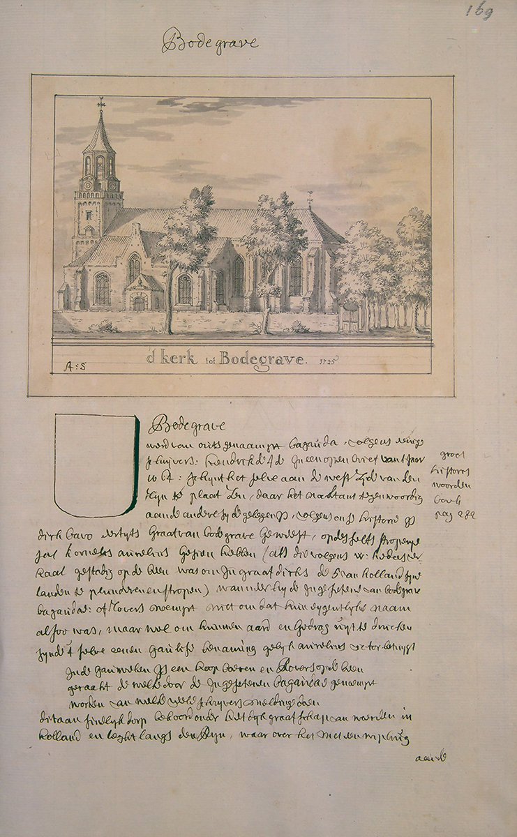AdvanderZee's tweet photo. UIt de collectie #Schoemaker een beeld van #Bodegraven met kerk en trekschuit (speciaal voor @MerleRLammers). Op de pagina's erna staat wel wat over 1672 geschreven, maar niet heel veel. https://t.co/rzfEh49Mvp