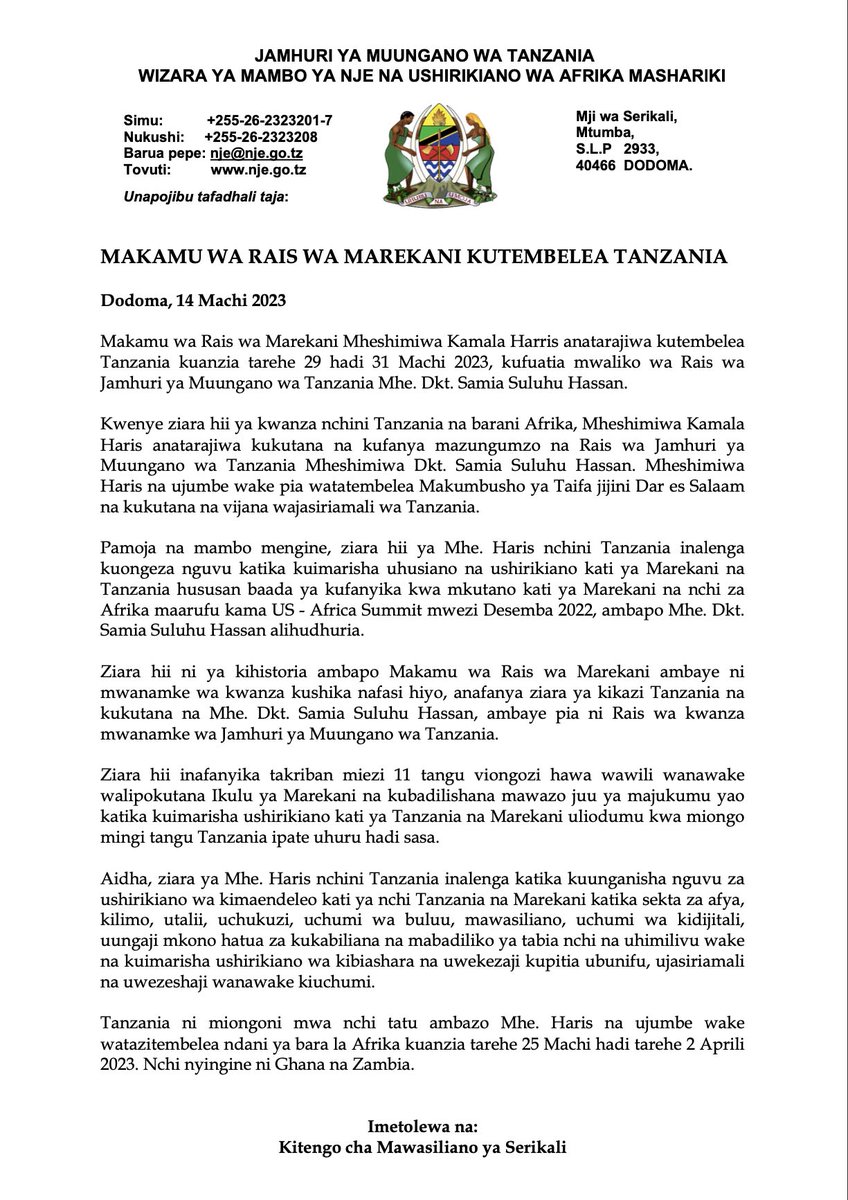 mfa_tanzania's tweet photo. MAKAMU WA RAIS WA MAREKANI KUTEMBELEA TANZANIA https://t.co/2fUz80Osso