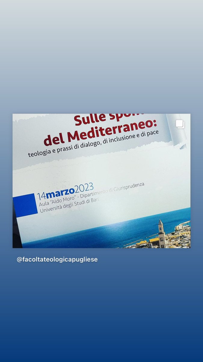 FacoltaPugliese's tweet photo. Sulle sponde del #mediterraneo. Teologia e pressi di #dialogo, di #inclusione e di #pace
Convegno della @facoltateologicapugliese e del dipartimento di giurisprudenza dell’@unibaofficial https://t.co/pwN0mIlcVr