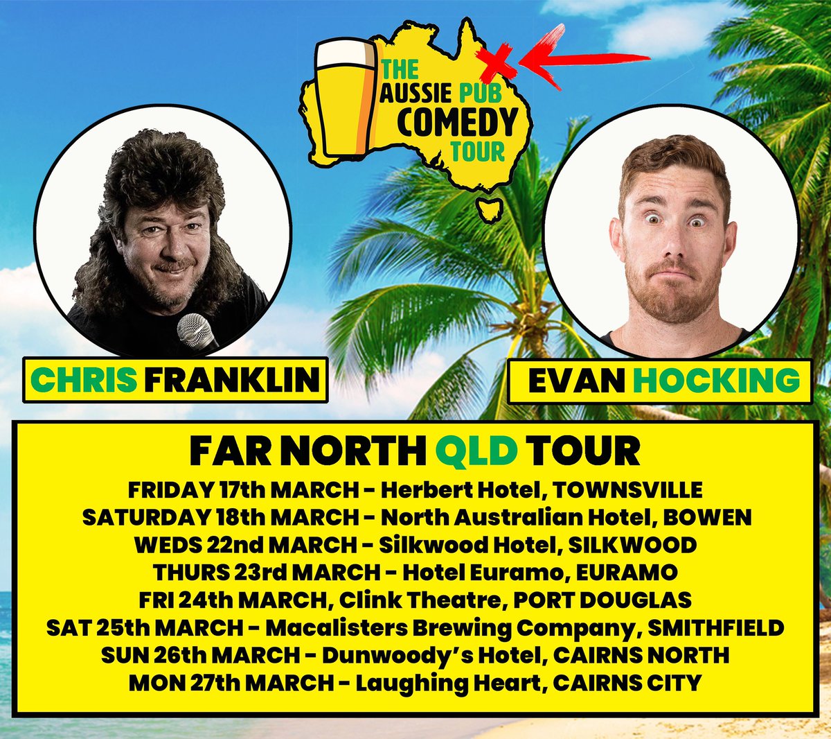 evan_hocking's tweet photo. Lookout Far North Queensland me and “The Bloke” @BlokeFranklin are coming your way. 

Kicking off this Friday 17th March in Townsville then hitting all these venues and towns. 

Come and have a beer with us 

Tickets at 
https://t.co/rW7XH5S3ld https://t.co/jv5cO5BaL7