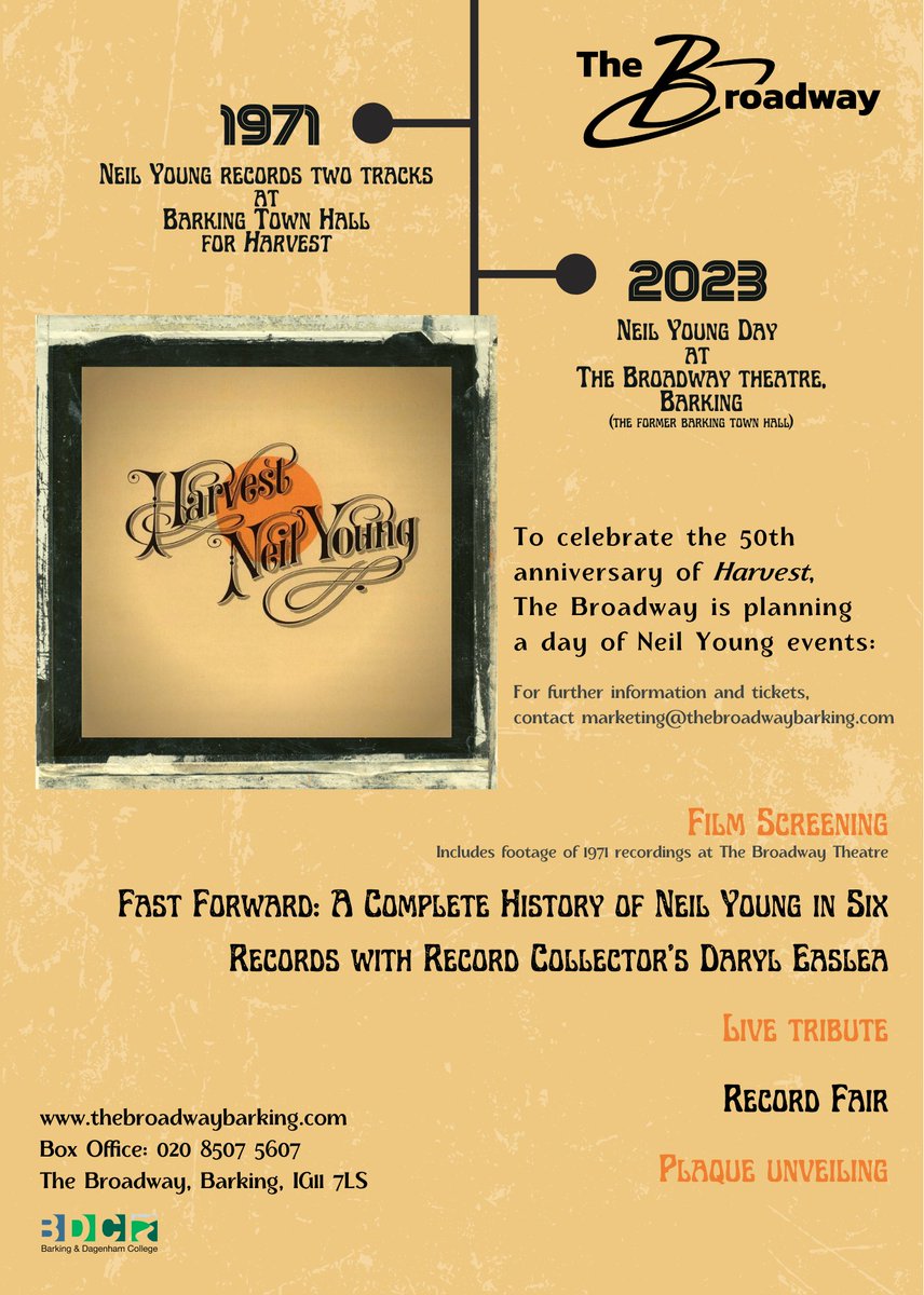 Saturday 3 June 2023
10am - 10pm
NEIL YOUNG DAY
We are delighted to announce our first Neil Young Day to celebrate the recording in 1971 of two tracks from Harvest at the Broadway, then known as Barking Town Hall.
Harvest Time film, talk, plaque unveiling, live tribute band