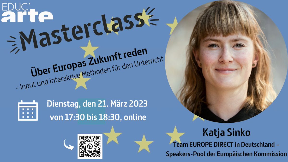 🇪🇺Nehmen Sie an unserer #masterclass teil! 🇪🇺

🗣️ "Über Europas Zukunft reden - Input und interaktive Methoden für den Unterricht"
📅 Dienstag, den 21.03.2023
⏰ 17:30 bis 18:30, online

Zur Anmeldung hier entlang: 
👉bit.ly/3Z0QOgx