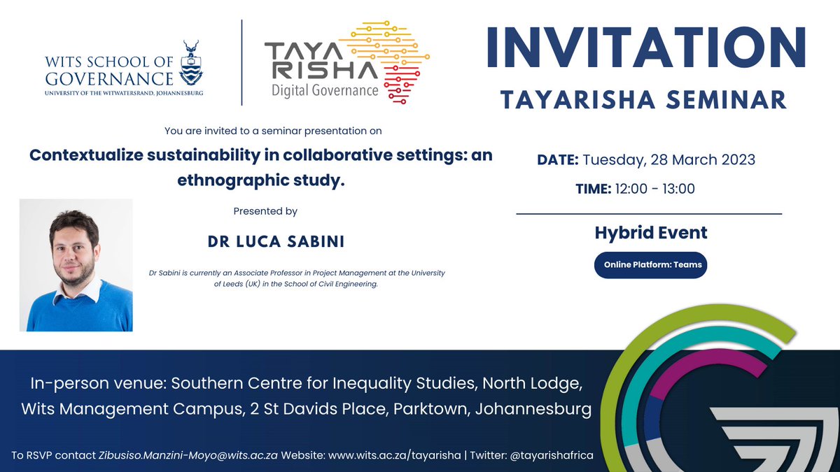 Tayarisha_Wits's tweet photo. INVITATION: Tayarisha Seminar with Dr. Luca Sabini
Join us for an engagement with Dr. Sabini as he presents on 
"Contextualize sustainability in collaborative settings: an ethnographic study" https://t.co/CZuECzzGNA