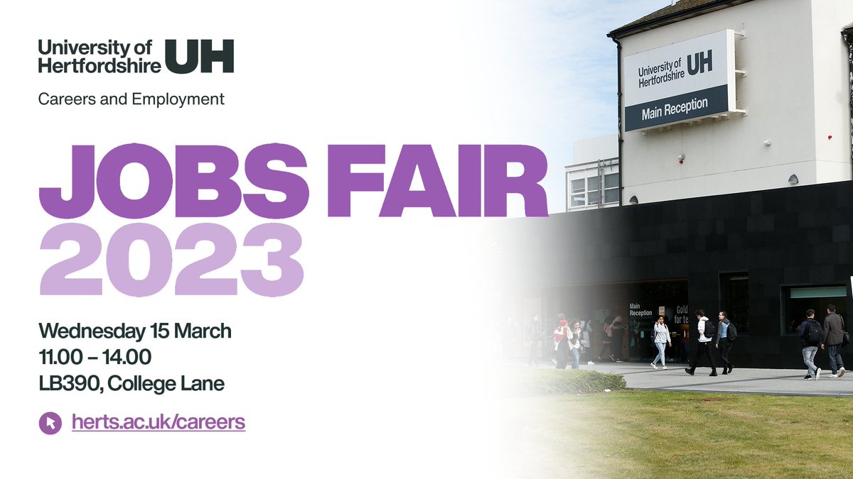 Uni of Hertfordshire - Careers & Employment (@uniofhertsce) on Twitter photo The 2023 Jobs Fair is just 24-hours away! <a href="/UniofHerts/">University of Hertfordshire</a>
30 employers will be on campus to speak with <a href="/UniofHerts/">University of Hertfordshire</a> students and graduates about their upcoming job opportunities.
There's time to book: herts.joinhandshake.co.uk/career_fairs/3… The 2023 Jobs Fair is just 24-hours away! <a href="/UniofHerts/">University of Hertfordshire</a>
30 employers will be on campus to speak with <a href="/UniofHerts/">University of Hertfordshire</a> students and graduates about their upcoming job opportunities.
There's time to book: herts.joinhandshake.co.uk/career_fairs/3…