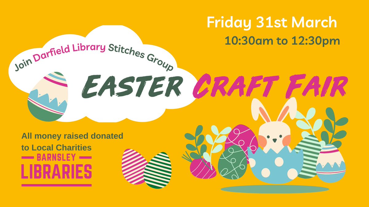 BarnsleyLibs's tweet photo. Join Darfield Libraries Stitches Group for an Easter Craft Fair, 31st March 10:30 -12:30pm. All the money raised at this event will be donated to local charities.

#southareateam https://t.co/aAZnYkdttj