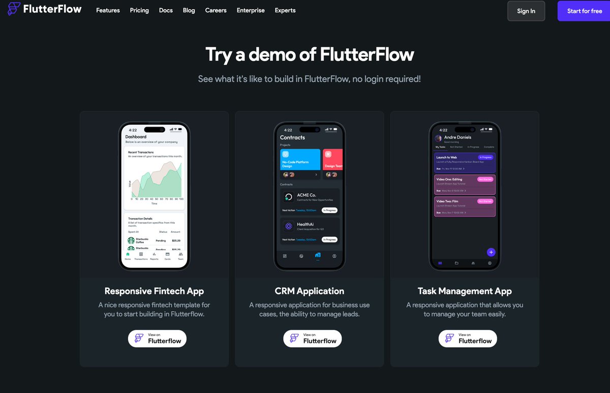 How to showcase your product functionally? Let users play with it right away:

▪️ create demo access with prefilled data
▪️ add easy-to-use templates
▪️ embed clickable functional elements
▪️ create a demo app

A great example from <a href="/flutterflow/">FlutterFlow</a> website, one click to try it out!