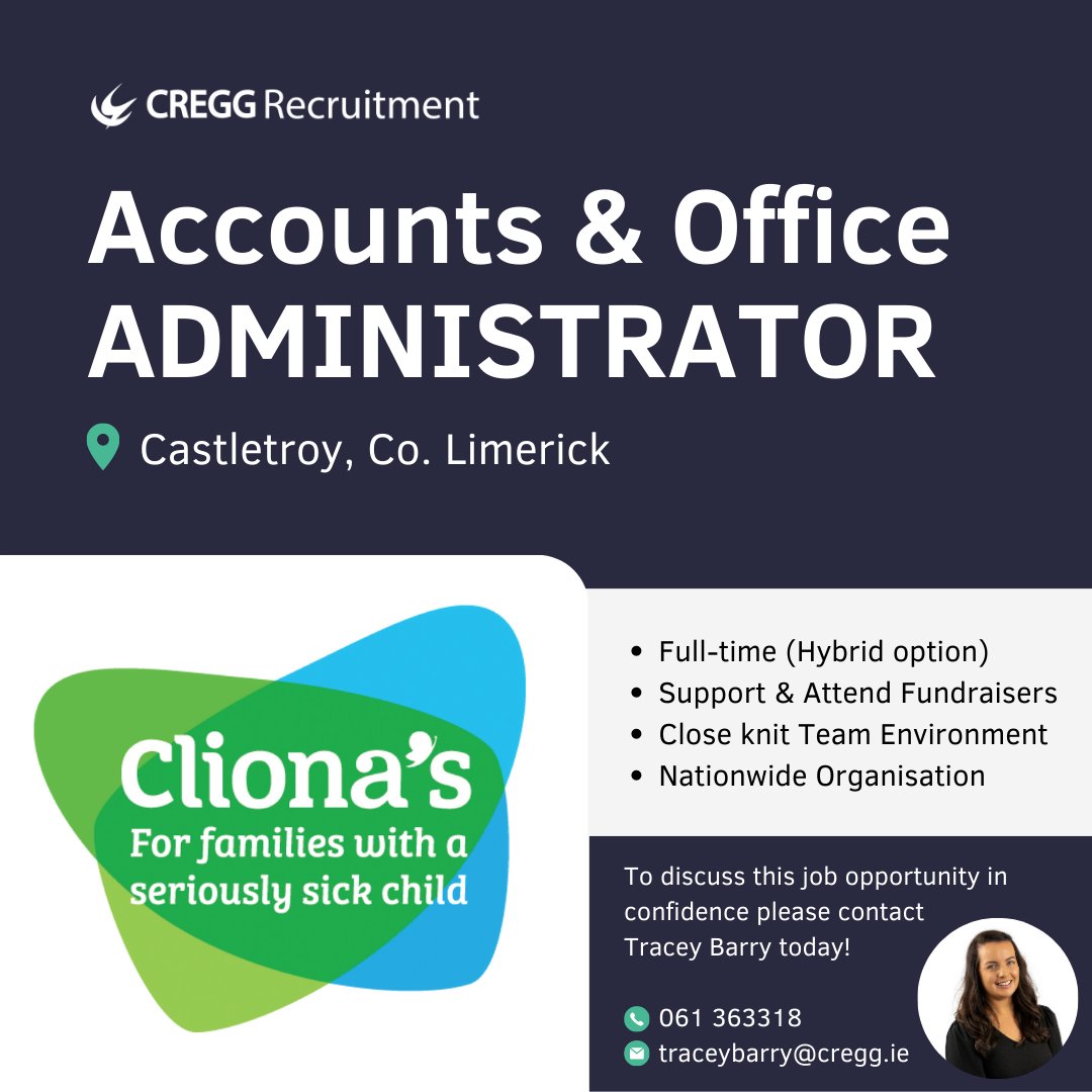 As part of our efforts to support our charity partner, CREGG Recruitment is proud to help @ClionasFDN in hiring a Full-Time Accounts & Office Administrator to join their team in Limerick.

Apply and learn more ➡️ lnkd.in/e9aqa2Ji

#officeadmin #jobs #limerickjobs #charity