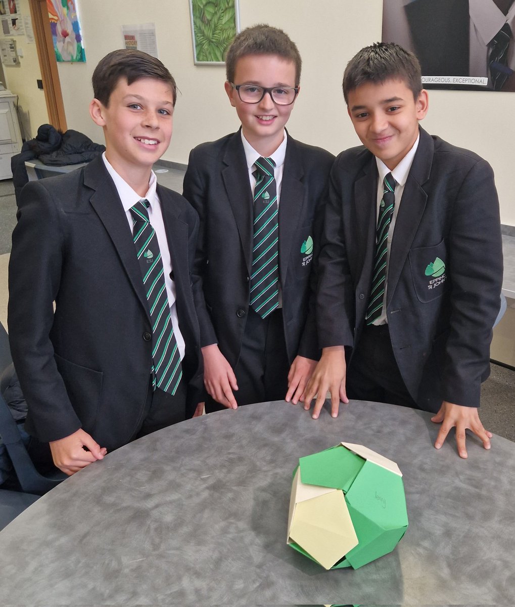 <a href="/EppingStJohns/">ESJ</a> 3 Yr 8 superstars HH,JC and LM with their Dodecahedron. Do you know how many faces this shape has?
#piDay2023 #Dodecahedron